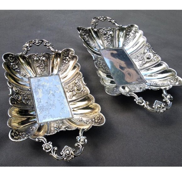 2 Silverplated Metal Embossed Carved Baroque Flowers Footed Serving Trays/bowls